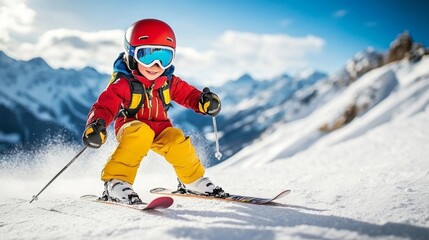 Winter sports: a kid skier mastering the slopes. 