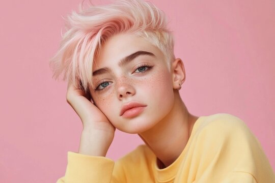 The colorful backdrop enhances the individuality of this young adult.