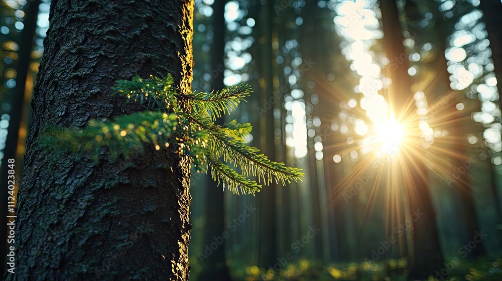 Poster sunlight filtering through lush green trees in a serene forest setting.