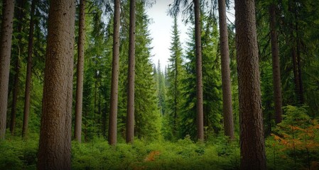 Obraz premium Lush green forest with towering trees and a sense of tranquility in nature.