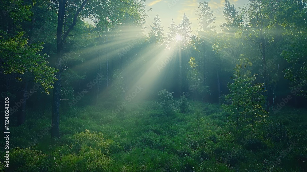 Poster sunlight filters through a serene forest, creating a tranquil and enchanting atmosphere.
