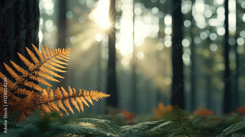 Poster sunlight filters through trees, illuminating ferns in a tranquil forest setting.