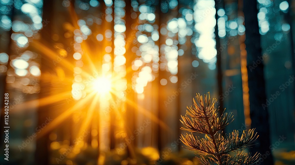 Poster sunlight filters through trees, creating a serene forest atmosphere.