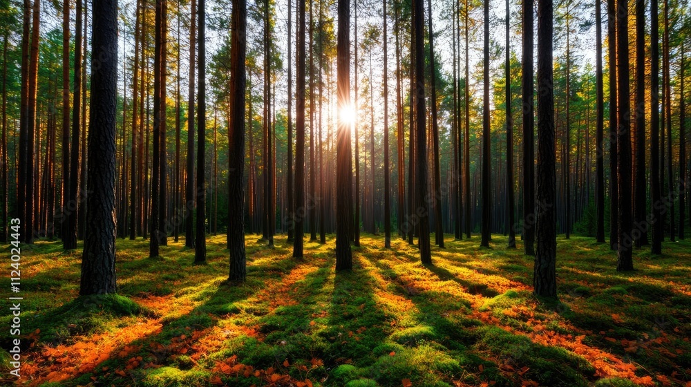 Poster sunlight filters through lush trees in a serene forest, creating a peaceful atmosphere.
