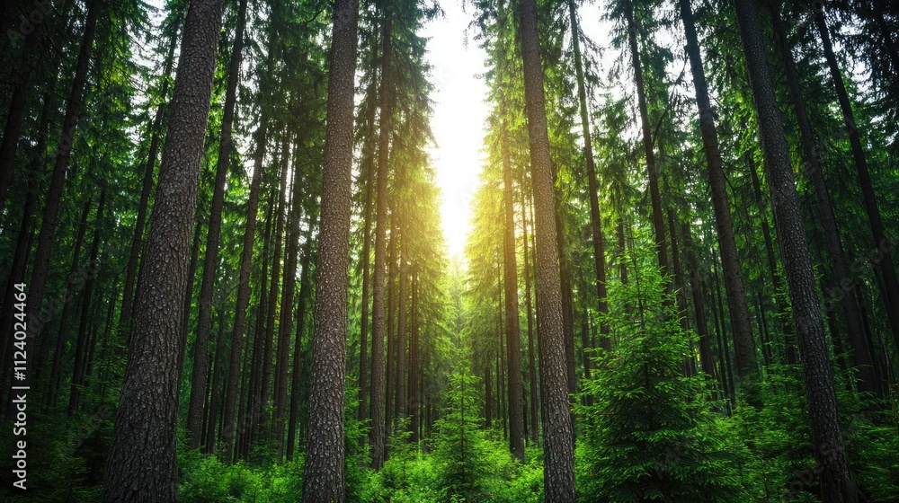 Poster sunlight filters through tall trees in a lush green forest, creating a serene atmosphere.