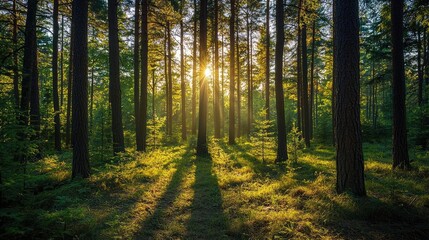 Obraz premium A serene forest landscape bathed in golden sunlight filtering through tall trees.