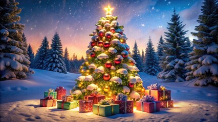 Obraz premium Christmas Gift Box Tree Landscape Photography - Festive Holiday Scene, Winter Wonderland, Xmas Decor