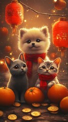 Adorable Kittens and Puppy Celebrating Chinese New Year with Lanterns and Oranges