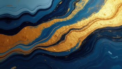 Fototapeta premium Flowing ink rivers. Art deco-inspired liquid dynamics in a fluid gold and navy blue palette, captured in a pristine 4K UHD resolution, ensuring noise-free and detailed visuals