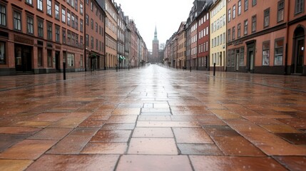 Fototapeta premium Empty City Street Rainy Day European Architecture Cobblestone Pavement