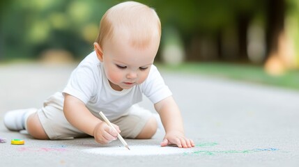Toddler Baby Boy Drawing Chalk Pavement Outdoor Summer Fun