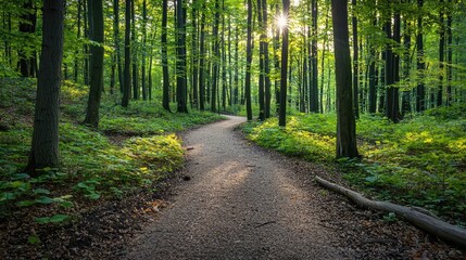 Obraz premium A serene forest path leading through lush greenery and sunlight filtering through trees.