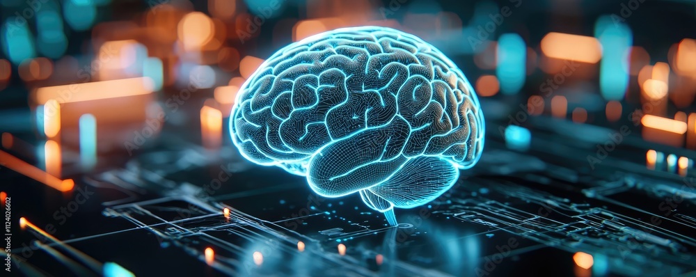Poster futuristic digital brain concept with technological elements and glowing circuits.