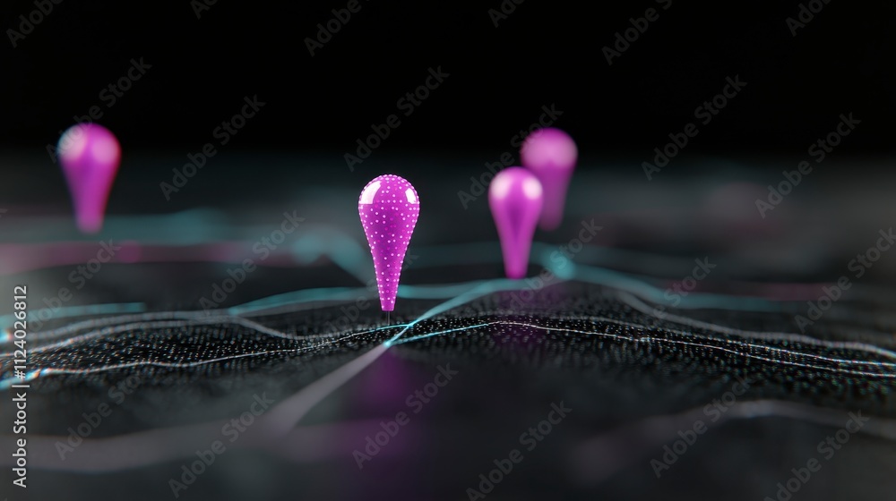 Poster abstract purple map markers on digital terrain location navigation concept