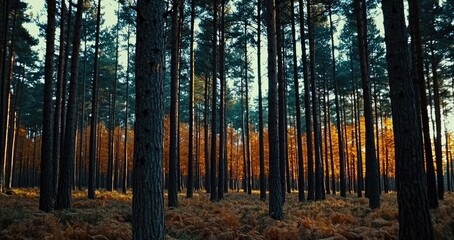 Obraz premium Tranquil forest scene with sunlight filtering through tall trees and vibrant foliage.