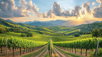 Fototapeta premium Lush vineyard landscape under a dramatic sky at sunset.