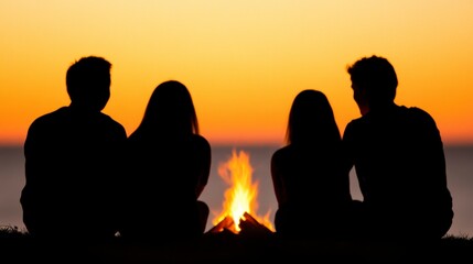 Fototapeta premium Silhouette Friends Bonfire Sunset Beach Ocean Coastline