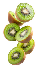 Fototapeta premium flying kiwi and half slices isolated on transparent white background, clipping path