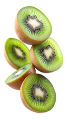 Fototapeta premium flying kiwi and half slices isolated on transparent white background, clipping path