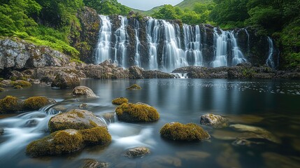 Obraz premium A serene waterfall cascading over rocks into a calm pool, surrounded by lush greenery.
