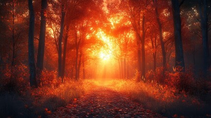 A serene forest path illuminated by warm sunlight through autumn foliage.