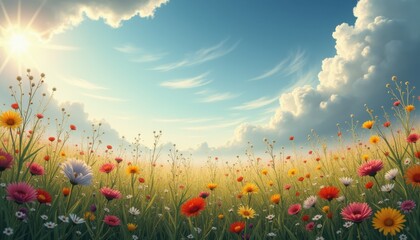 Fototapeta premium A wide expanse of a meadow blanketed with vibrant wildflowers, gently swaying in the breeze.