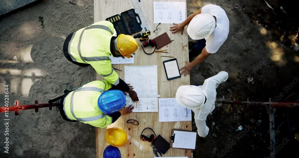 Poster collaboration, engineering and meeting with construction worker team on building site from above. ar