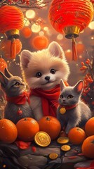 Adorable Kittens and Pomeranian Puppy Celebrating Lunar New Year with Mandarin Oranges and Lanterns