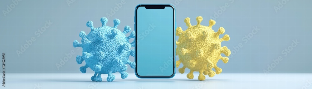 Poster a smartphone between colorful virus models representing health, leveraging ai-powered mobile platfor