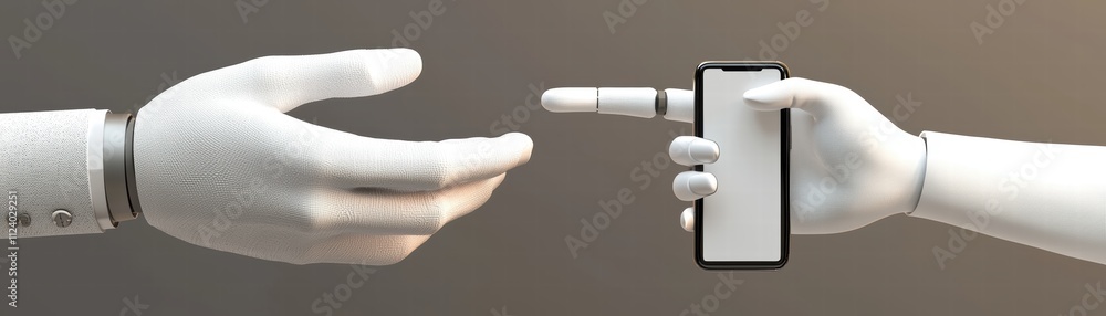 Poster a robotic hand reaching for a smartphone, symbolizing technology and interaction,, revolutionizing h