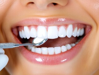 Fototapeta premium Young woman with a bright smile at a dentist office, receiving professional dental care and showcasing healthy, beautiful teeth.