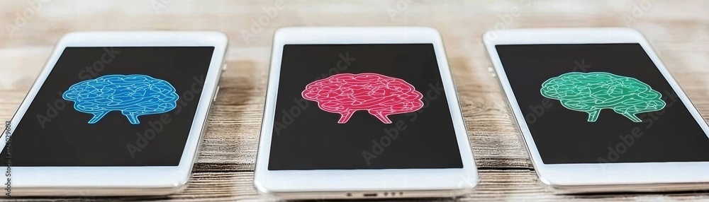 Poster smartphones displaying colorful brain graphics on black screens, symbolizing technology and creativi