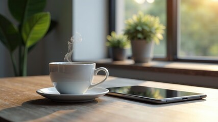 Fototapeta premium Coffee Break, Smartphone, Tablet, Modern, Photorealistic, AI Art, Digital Illustration, High Quality, Cozy Atmosphere