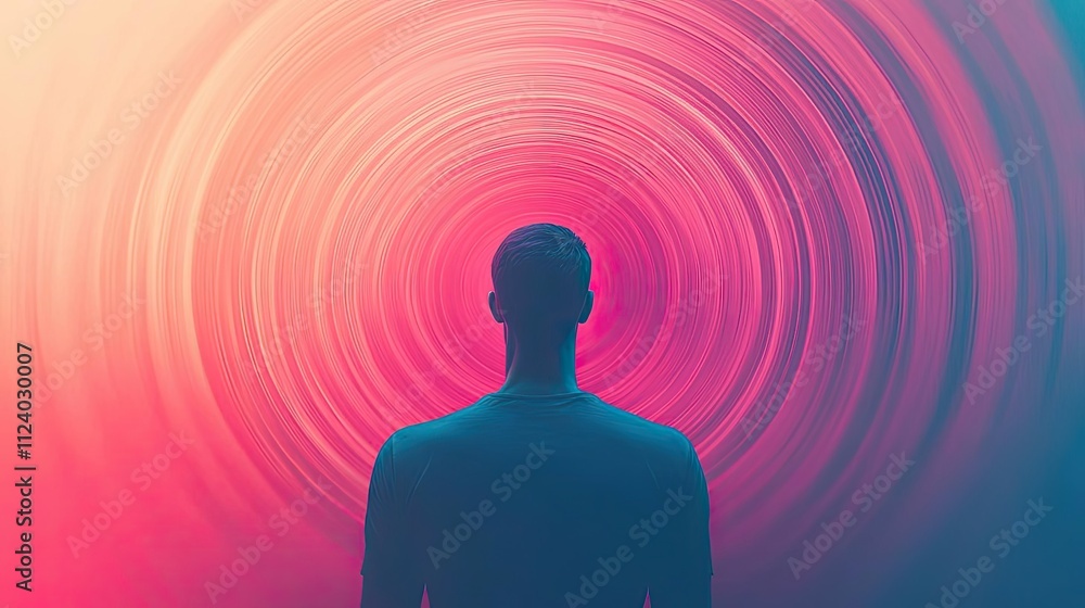 Poster a person silhouetted against a colorful spiral background representing thought and introspection.