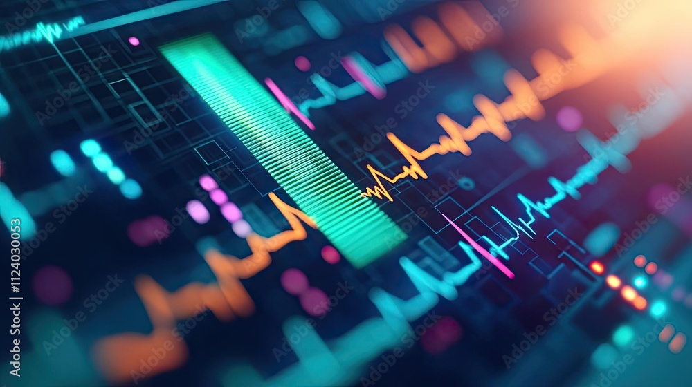 Poster abstract digital pulse waveform with vibrant colors and modern design elements.