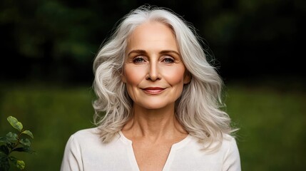 Naklejka premium A serene portrait of a mature woman with silver hair, embodying grace and wisdom.