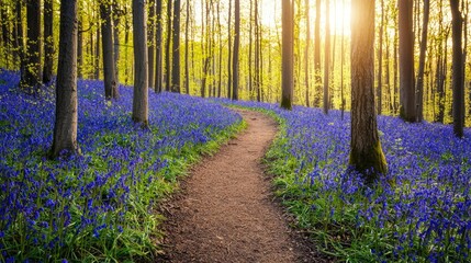 Obraz premium A serene pathway through a vibrant forest of blooming bluebells under a golden sun.