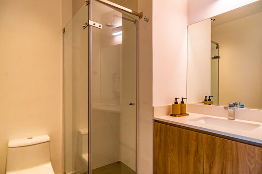 ba&ntilde;o de departamento moderno con inodoro y ducha con mampara