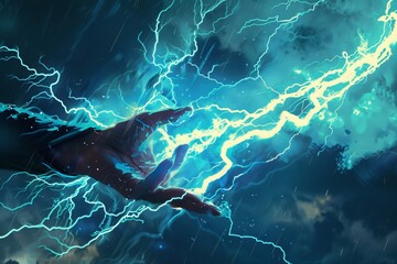 Fototapeta premium A Hand Reaching Out Amidst a Stormy Sky Electrifying Scene of Power and Nature's Fury