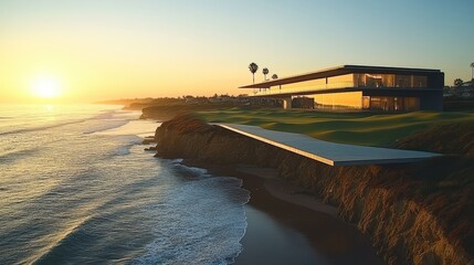 Modern coastal architecture overlooking the ocean at sunset.
