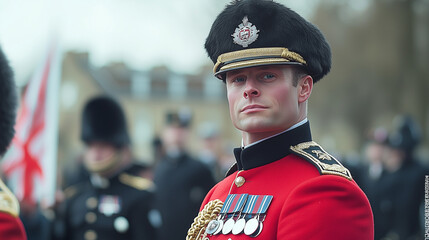 Obraz premium A Soldier's Steadfast Gaze: A young soldier in a traditional red uniform and black cap stands at attention, his focused gaze conveying discipline and duty.