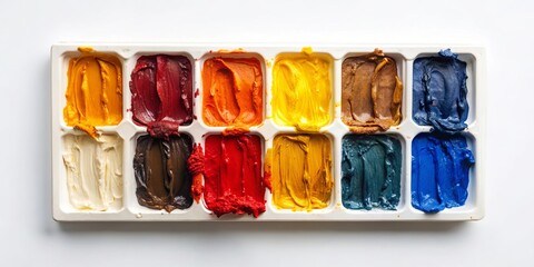 A vibrant palette of twelve richly textured paint colors in a rectangular tray, ready for artistic creation.