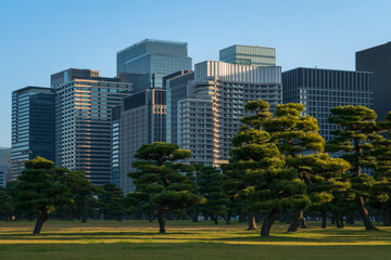 Skyscrapers of the Marunouchi business district in Chiyoda Ward against the background of the Outer...