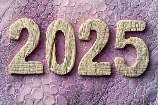 2025, 3D bold numbers made of wood set on a lavender albino python skin. (Generative AI)