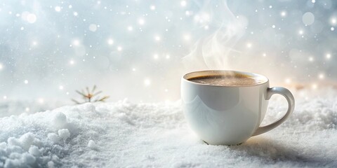 Warm beverage in a white mug resting on a snowy surface with a wintery background