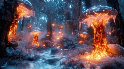 Fototapeta premium Glowing fire & ice mushrooms in a magical forest.