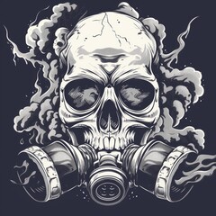 Skull Wearing Gas Mask Amidst Toxic Smoke: A Dark Artistic Illustration