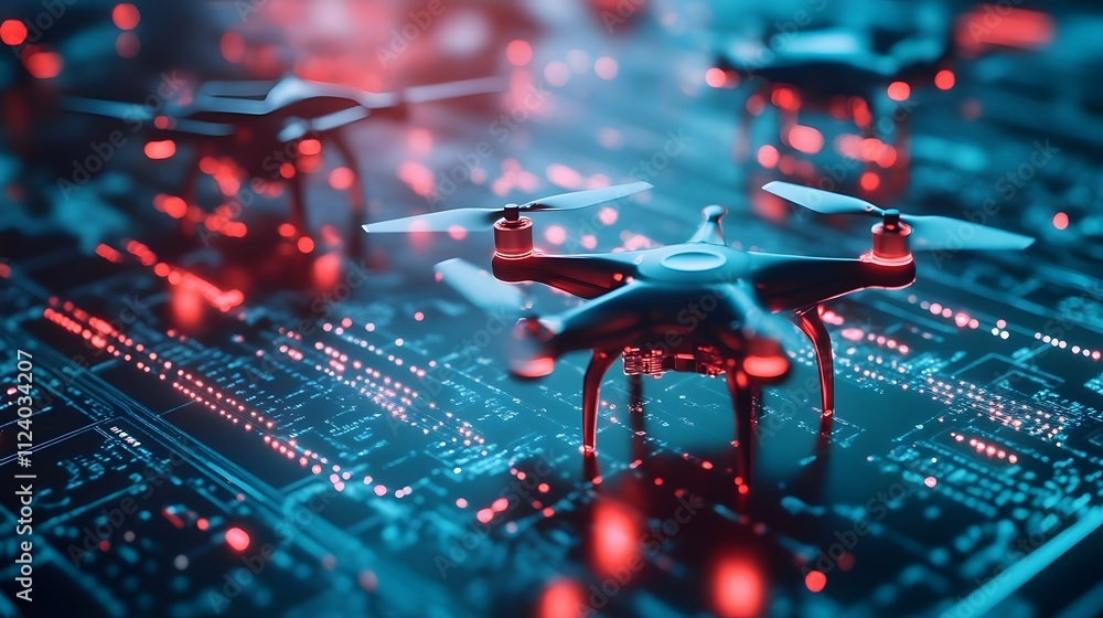 Poster a close-up of drones on a digital circuit board with glowing elements.