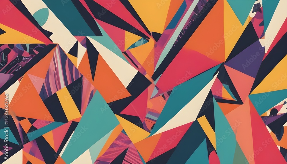 Poster background vibrant geometric patterns with bold colors, sharp angles, and a modern retro vibe