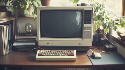 Vintage Computer Setup With Plants On Desk